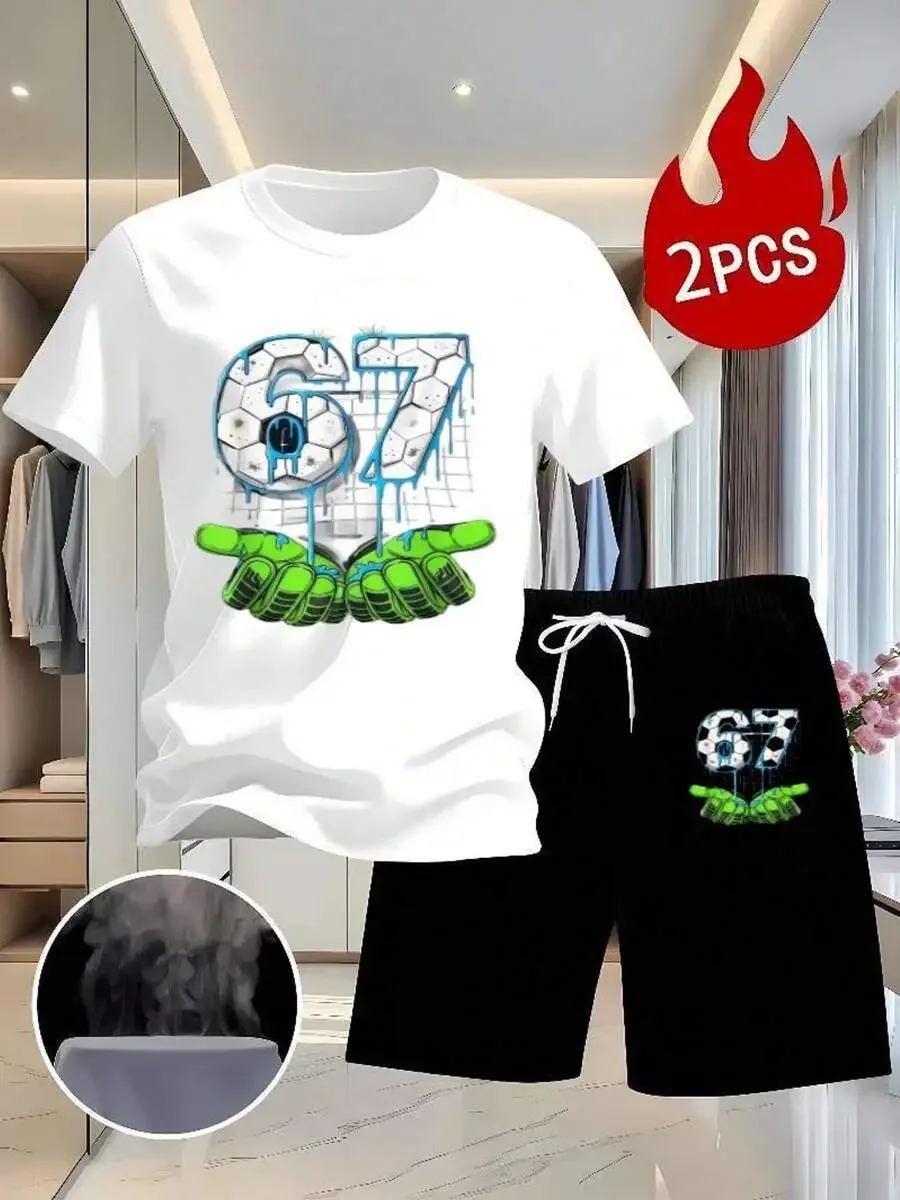 

2-Piece Casual Set: White T-Shirt With 67 Pattern And Black Shorts