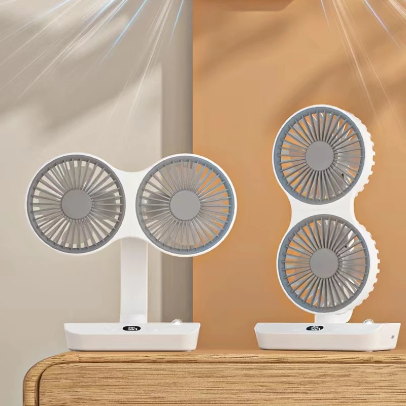 Double Head Desktop Oscillating Fan USB Rechargeable 4000mAh Battery Powered Portable Automatic Rotating Table Fan 4 Gear Wind