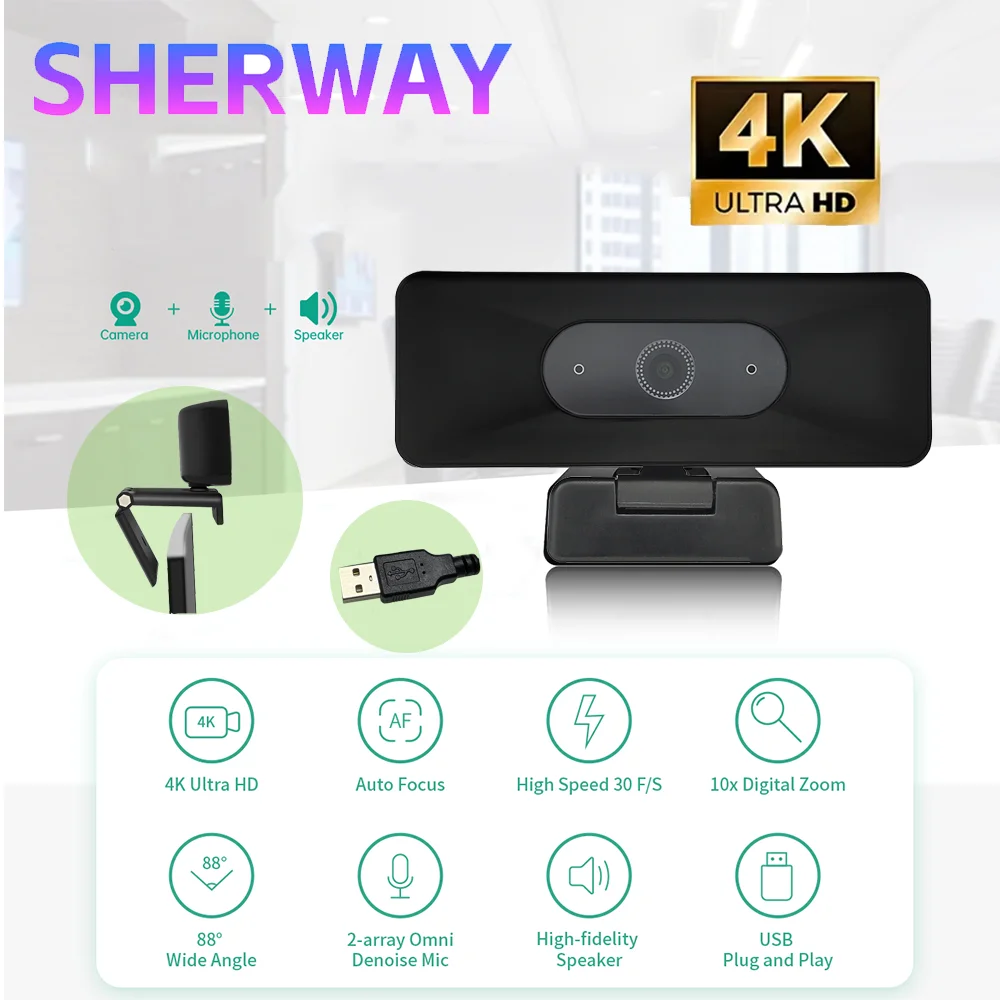 

Веб-камера 4K UHD, веб-камера с 10-кратным зумом для ПК, 13-мегапиксельная USB-камера с автофокусом и микрофоном для ноутбука, онлайн-обучение, видеоконференция