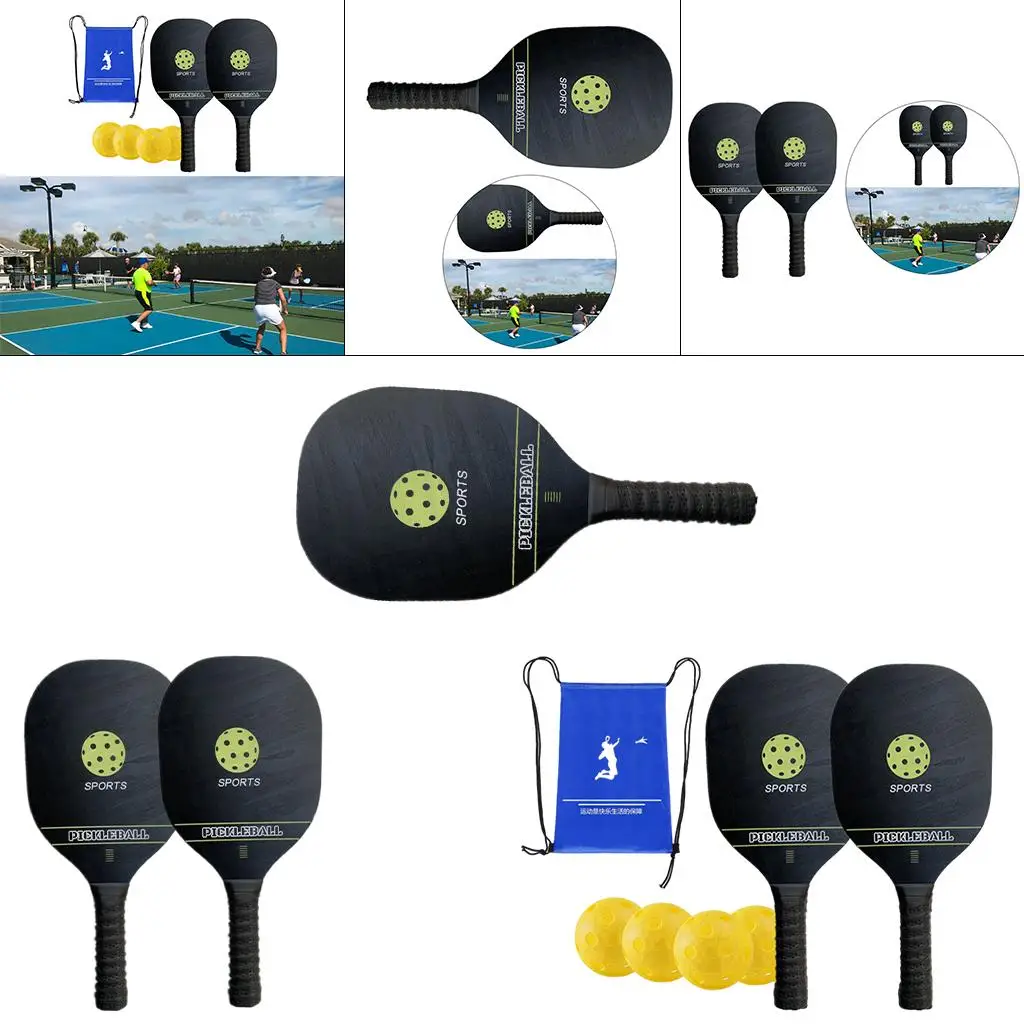 

Wooden Pickleballs Rackets Set High Performance Ergonomic Black Cushion