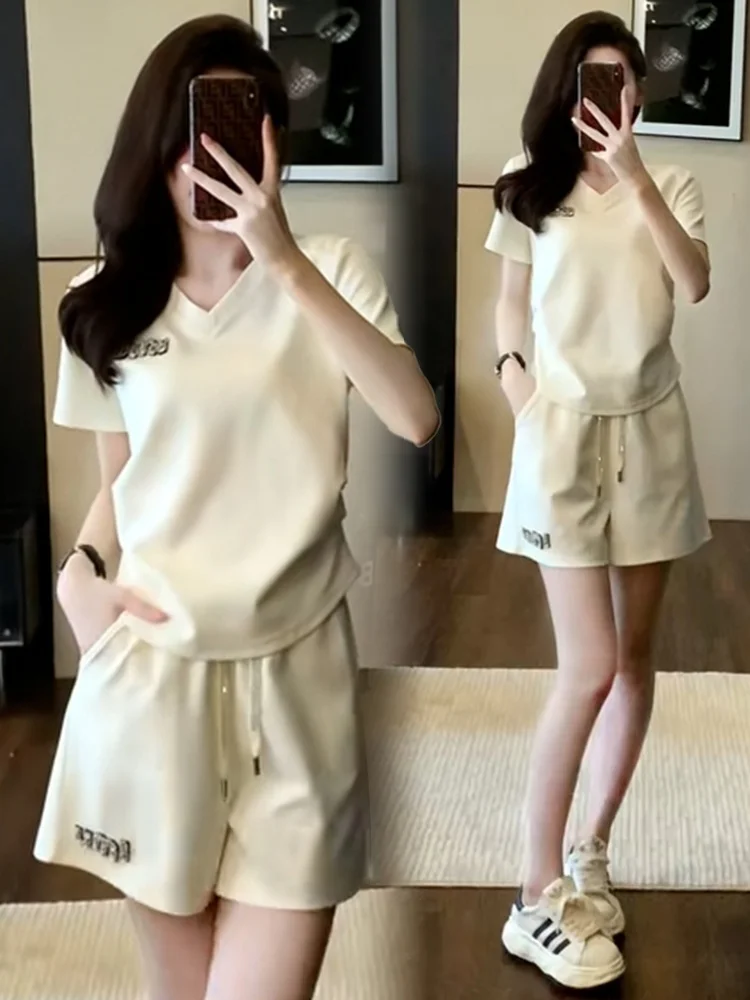 Casual Sportswear Set Women Summer Small Size Fashionable Youthful Short Sleeve Shorts Two Piece Set V Neck Overhead