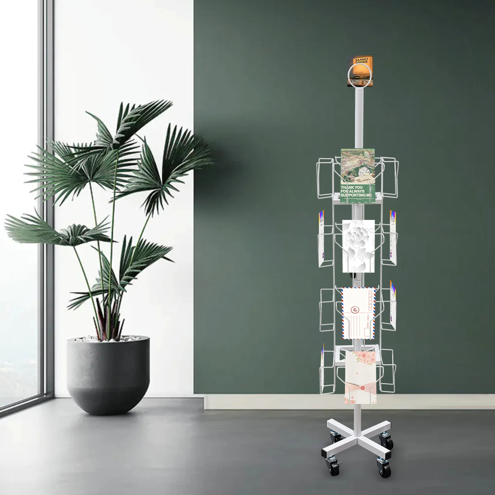 4 Tiers White Rotating Greeting Card Rack, Display Stand Spinning, Pocket Rotating Holder