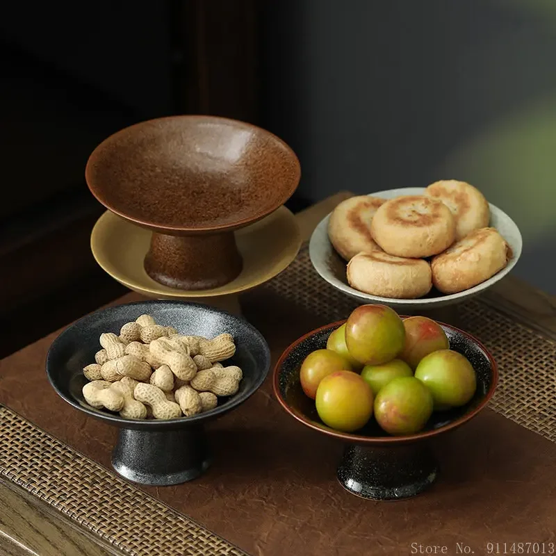 Chinese retro tall tea tray fruit storage trays, household restaurant kitchen Japanese style ceramic rough pottery dessert plate