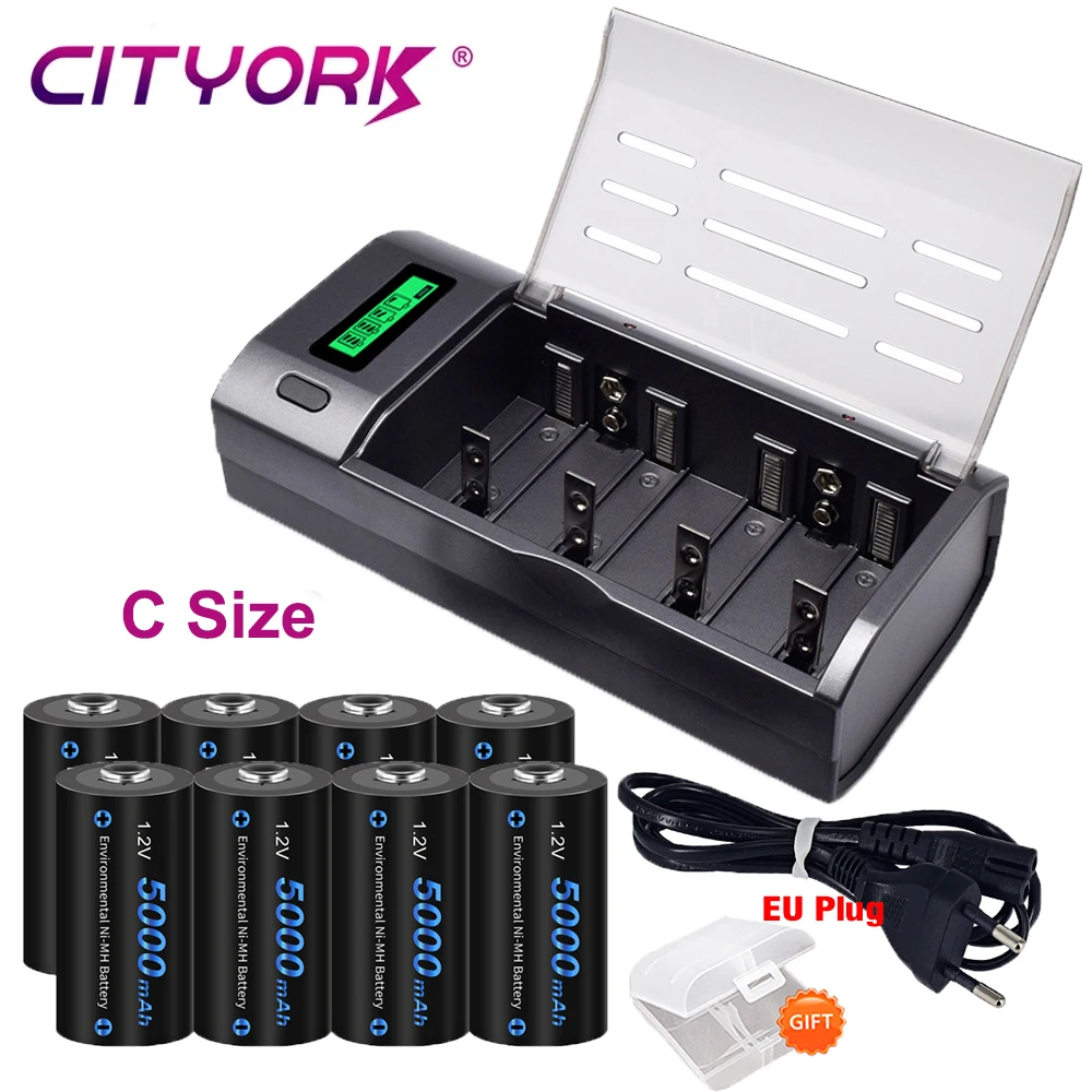 CITYORK 4-8 Stück C-Größe LR14 wiederaufladbare Batterie 1,2V 5000mAh NI-MH wiederaufladbare Typ-C-Batterie C-Zelle + 8 Steckplätze LCD-Batterie-Smart-Ladegerät für Gaskocher, Auto, Spielzeug,