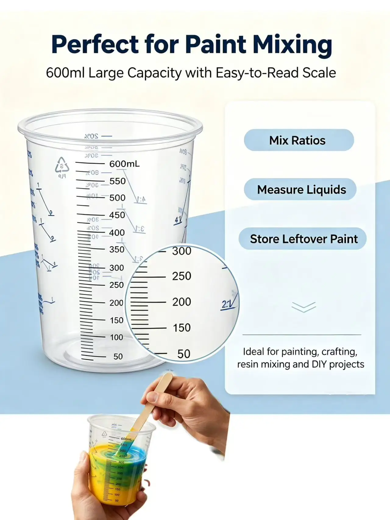 600ml Disposable Plastic Measuring Mixing Cups, Suitable for Epoxy Resin, Automotive Paint, DIY Craft Projects
