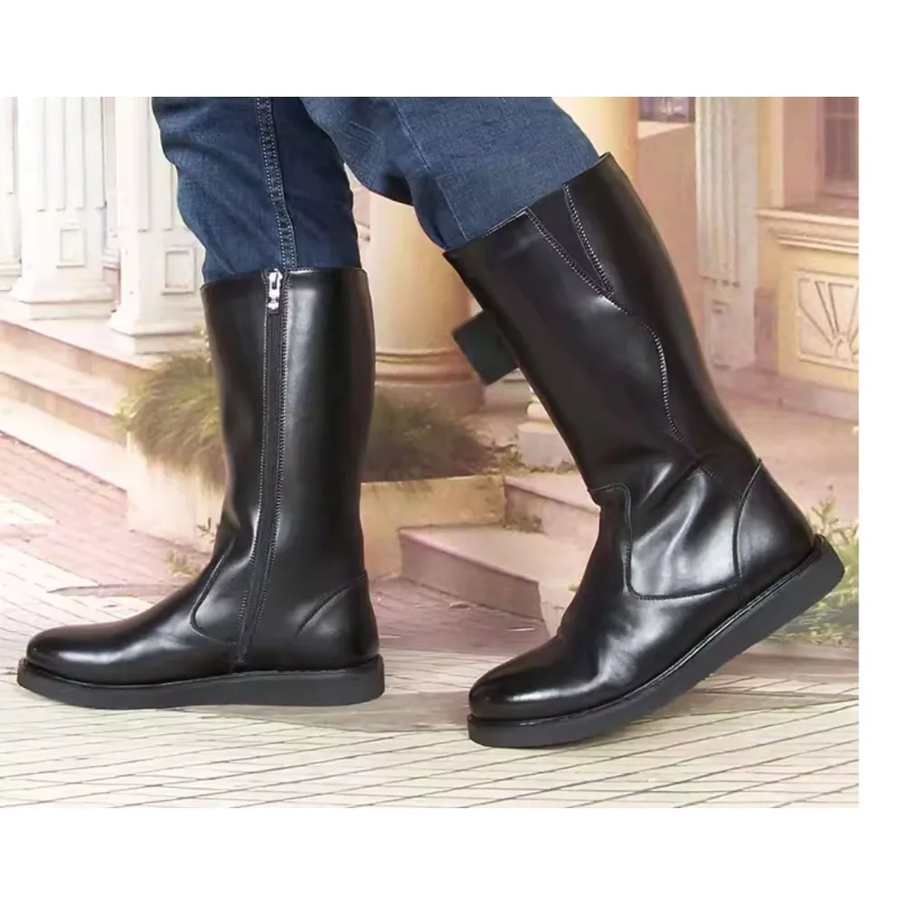 New Fashion Men's Genuine Leather Thigh High Equestrian Horse Riding Boots Slip On Cowboy Mountain Mid-calf Western Boots Zip