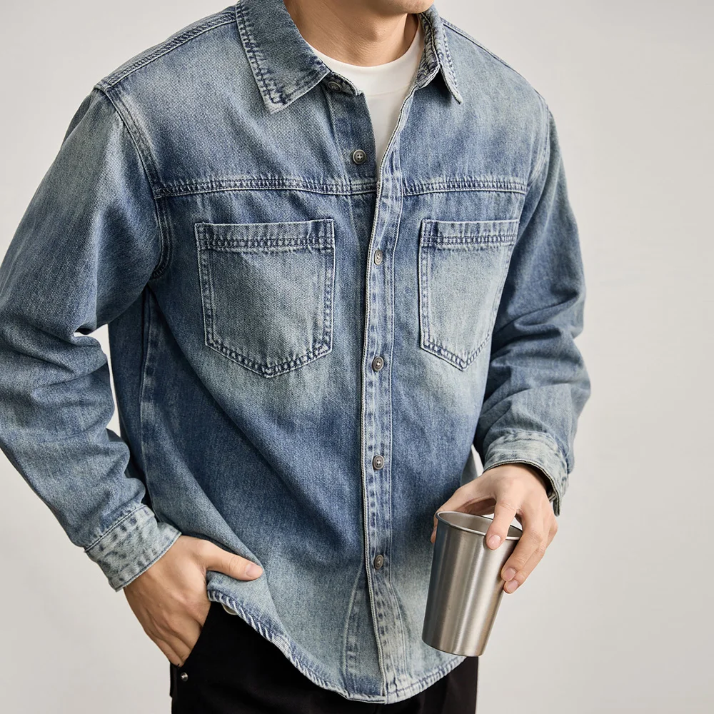 Men American Retro Splice Pocket Loose Casual Long Sleeve Denim Cargo Shirt Cityboy Streetwear Fashion Plus Size Shirts Coat