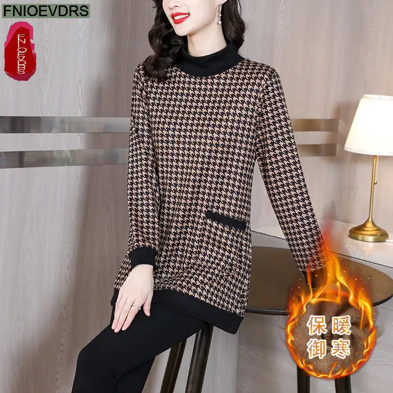 L-5XL Loose Clothes Women Winter Warm Thick Basic Wear Plaid Shirts Elegant Office Lady Casual Retro Vintage Peplum Tops Blouses