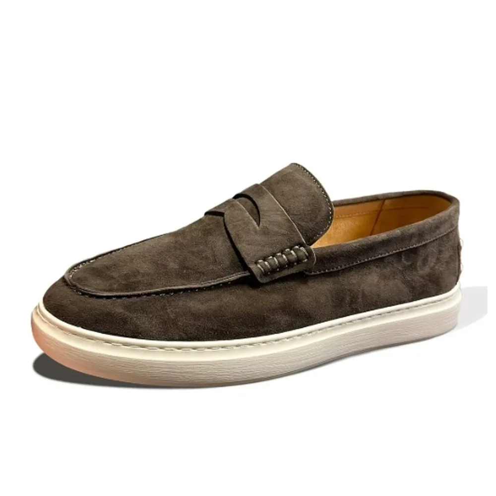 Men's Suede Penny Loafers Slip‑On Casual Shoes, Light Brown Thick White Sole Comfort Daily Walking Shoes