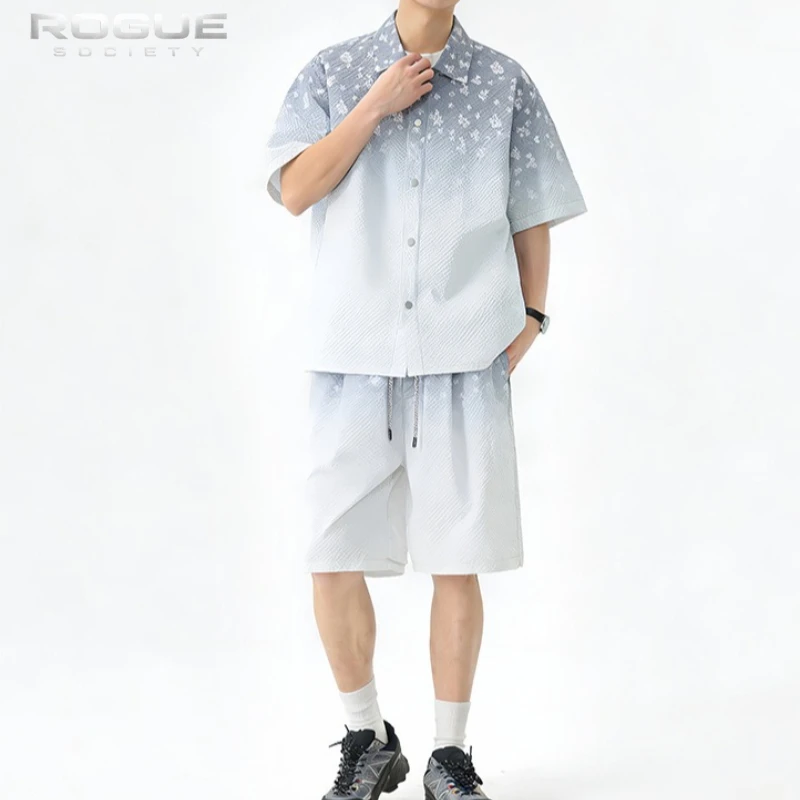 Gradient Snowflake Clothes Men Ice Silk Breathable Short Sleeve Luxury Streetwear Harajuku Summer Beach Tiki Style Tops Unisex