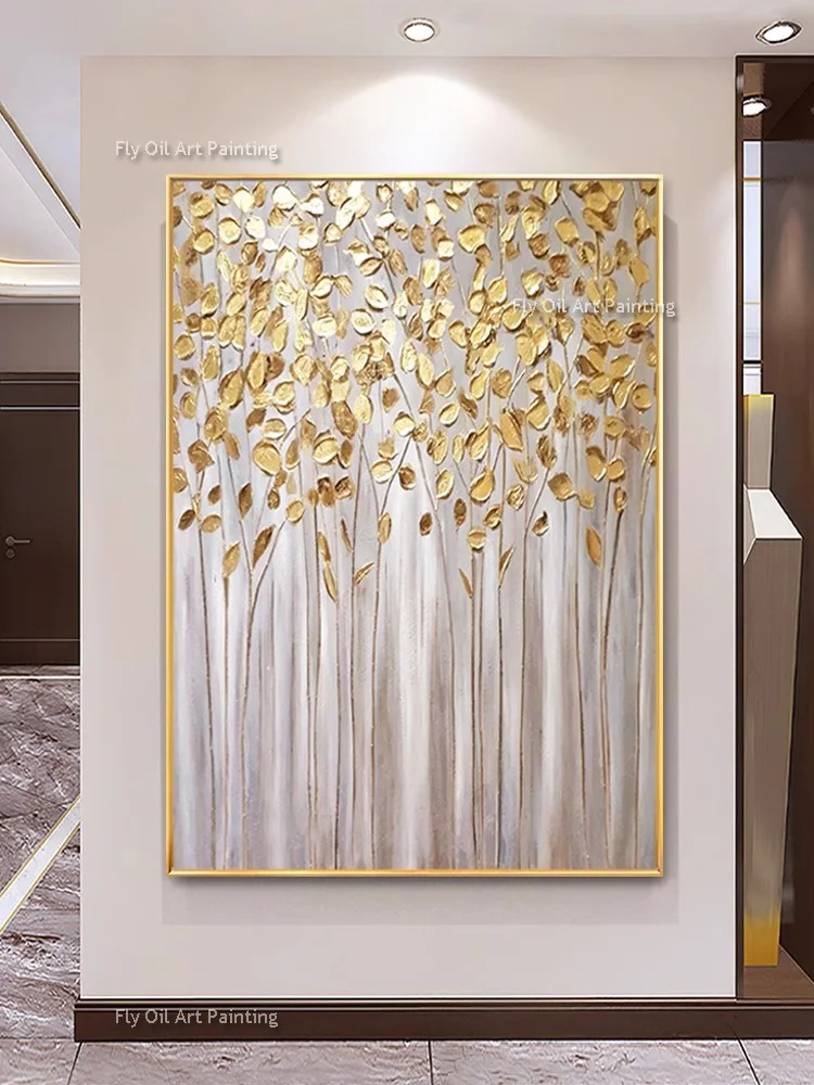 

New Arrival Home Wall Golden Tree Canvas Art Handmade Abstract Flower Oil Painting Canvas Wall Art Modern Home Decoration