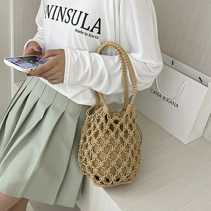 Sommer Strand Tasche Für Frauen Mesh Seil Gestrickte Eimer Schulter Taschen Reticulate Hohl Reise Shopper Totes Damen Mode Handtasche – Detail 10