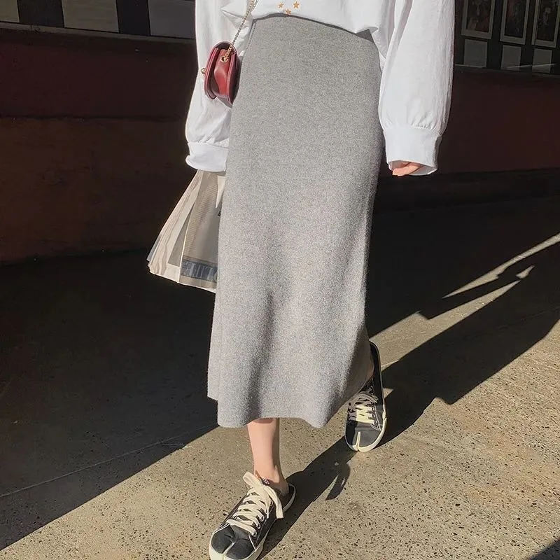 Korean Style Women's Knit Midi Skirt Soft High Waist Bodycon Knitted Skirt Slim Fit Mid-Length Long Skirt Pink Gray Black Beige