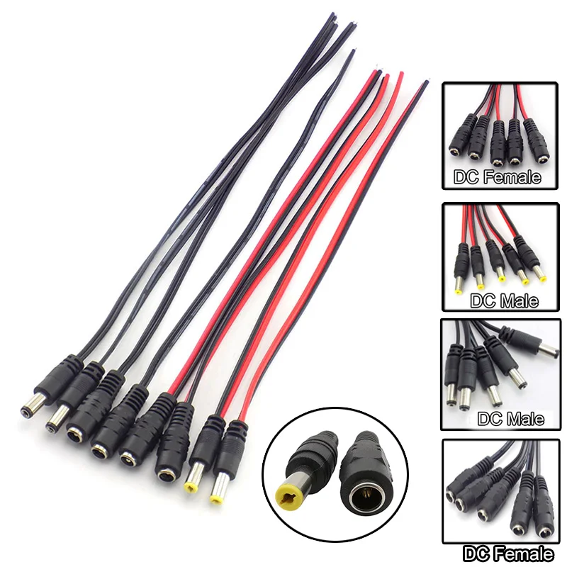 5 buah 12V DC kabel daya Adaptor steker betina pria Adaptor konektor untuk kamera CCTV sistem keamanan 5.5*2.1mm