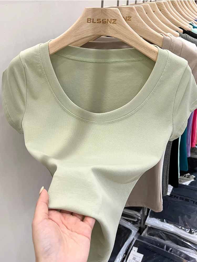 Sexy Square Collar Slim T Shirt Women Cotton Elastic Basic Solid Female Casual Tops Short Sleeve Thin T-shirts See Through