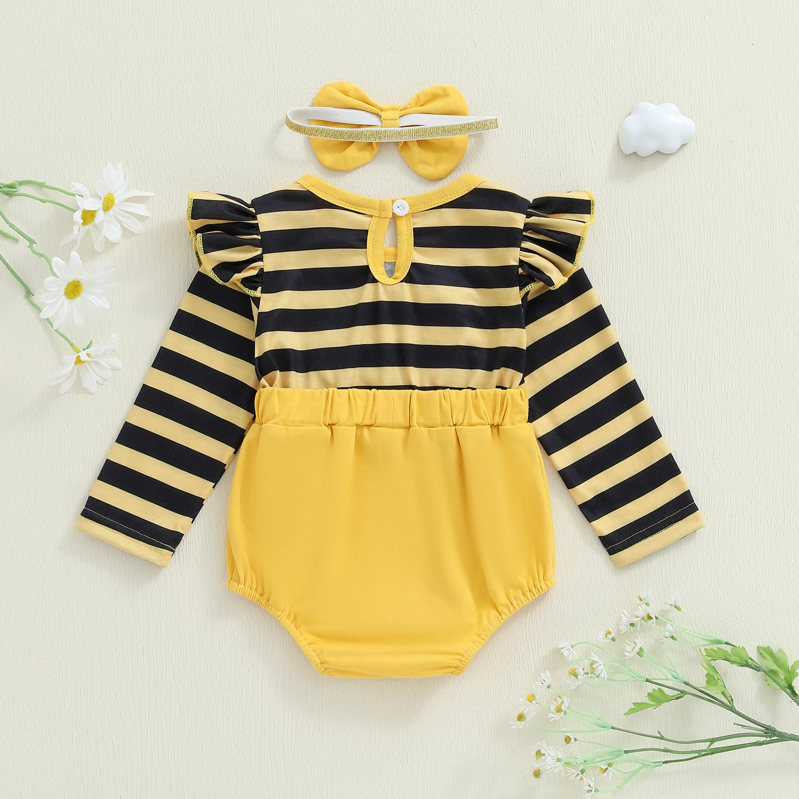 طقم ملابس خريفي للفتيات الرضع من عمر 0 إلى 18 شهرًا بأكمام طويلة مطرز بالنحلة مع عصابة رأس على شكل فيونكة