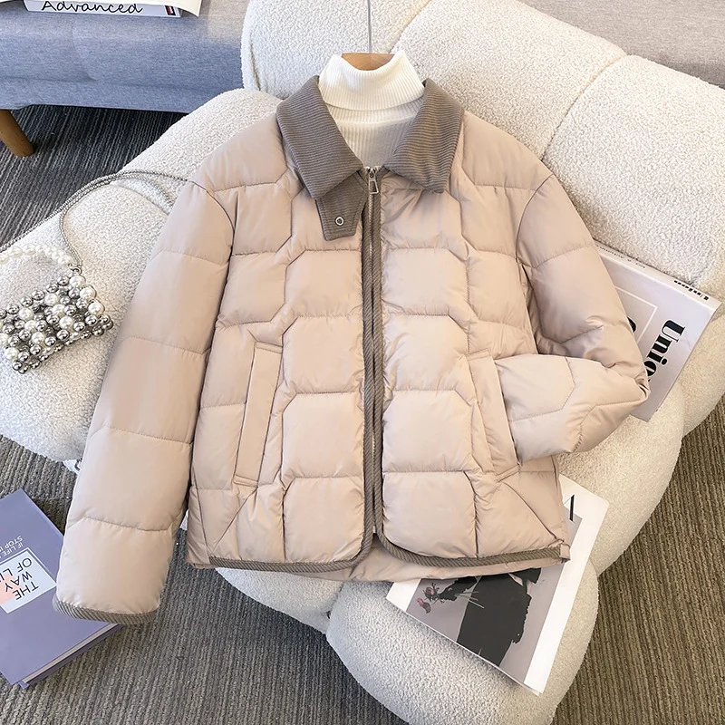 Korean Style Spliced Short Cotton Jacket Women's Winter New Long Sleeved Turndown Collar Outwear Versatile Loose Warm Top