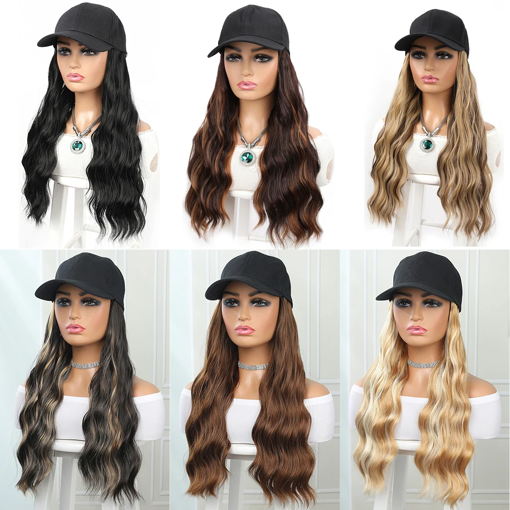 Gorra de béisbol sintética con extensiones de cabello para mujer, postizos de fibra resistente al calor, ondulados, largos, ajustables, 24 pulgadas