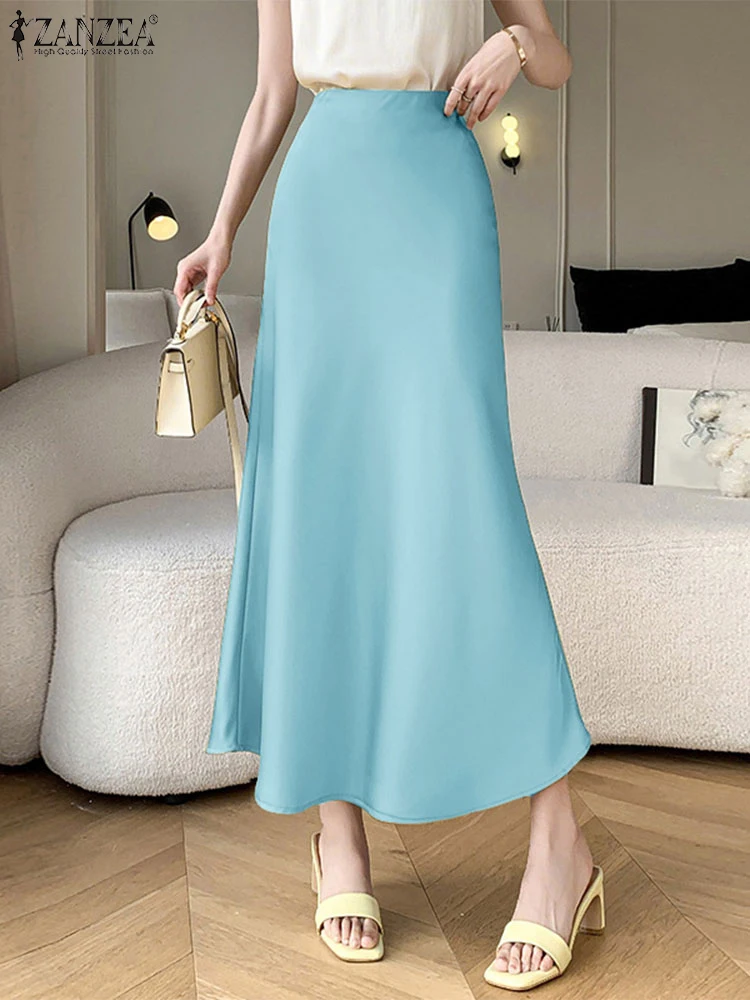 

ZANZEA Elegant Women's Luxury Satin Long Skirt Classy High Waist Side Zipper Solid Color Mermaid Skirt Party Wedding Guest