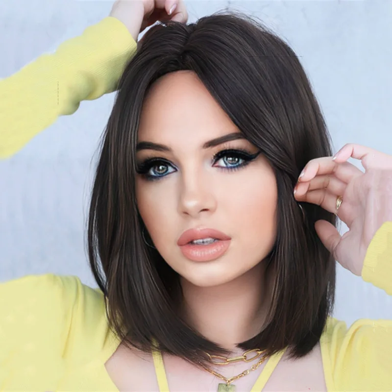 

New synthetic fiber fashion wig female shoulder length trim face short straight hair high temperature silk full head cover