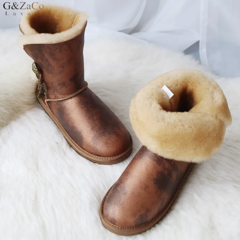 G&ZaCo Luxury Winter Snow Boots Real Wool Natural Sheepskin Boots Mid Calf Metal Button Genuine Leather Women Rubber Boots