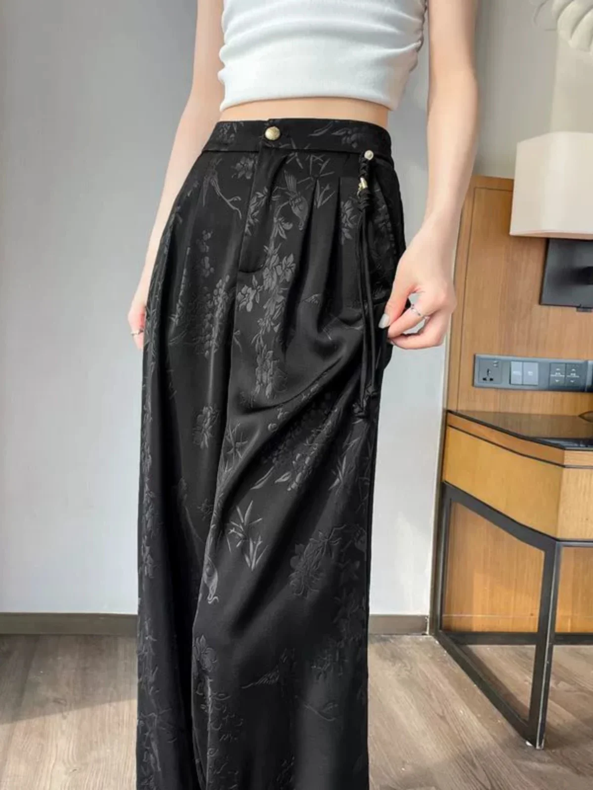 Nieuwe Chinese Sle Hoge Taille Wijde Pijpen Broek Vrouwen Zomer Afslanken Drapey Losse Acetaat Satijn Casual Broek Rechte Pijpen