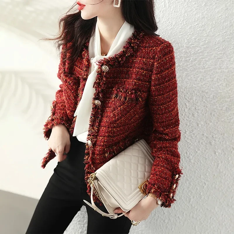 2023 Autumn New French High end Temperament Red Fragrant Coat Women\'s Short Thick Tweed OutwearFashion Women Slim Thicken Jacket