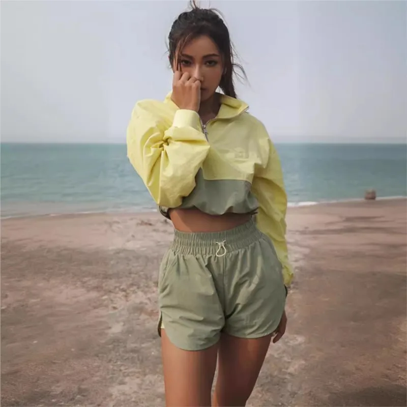 Bohemian Chic Color Blocked Shorts Two-piece Set Women's Fashion Zipper Half Open Design Top With Shorts Suit Lady Sports Outfit