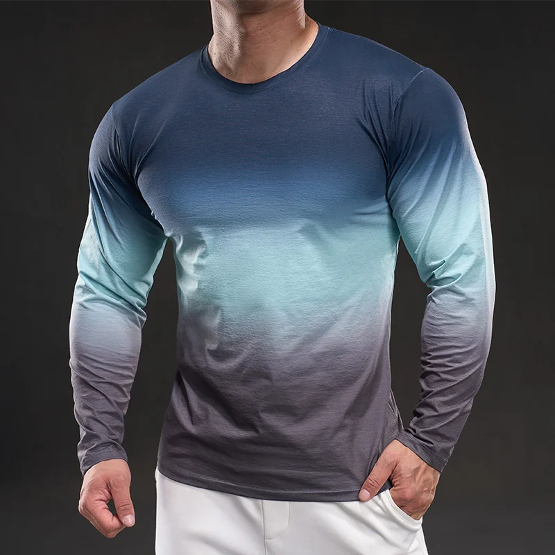 

Мужская модная высокоэластичная дышащая футболка с длинными рукавами для весны и лета, спортивная, впитывающая пот, облегающая, быстросохнущая.