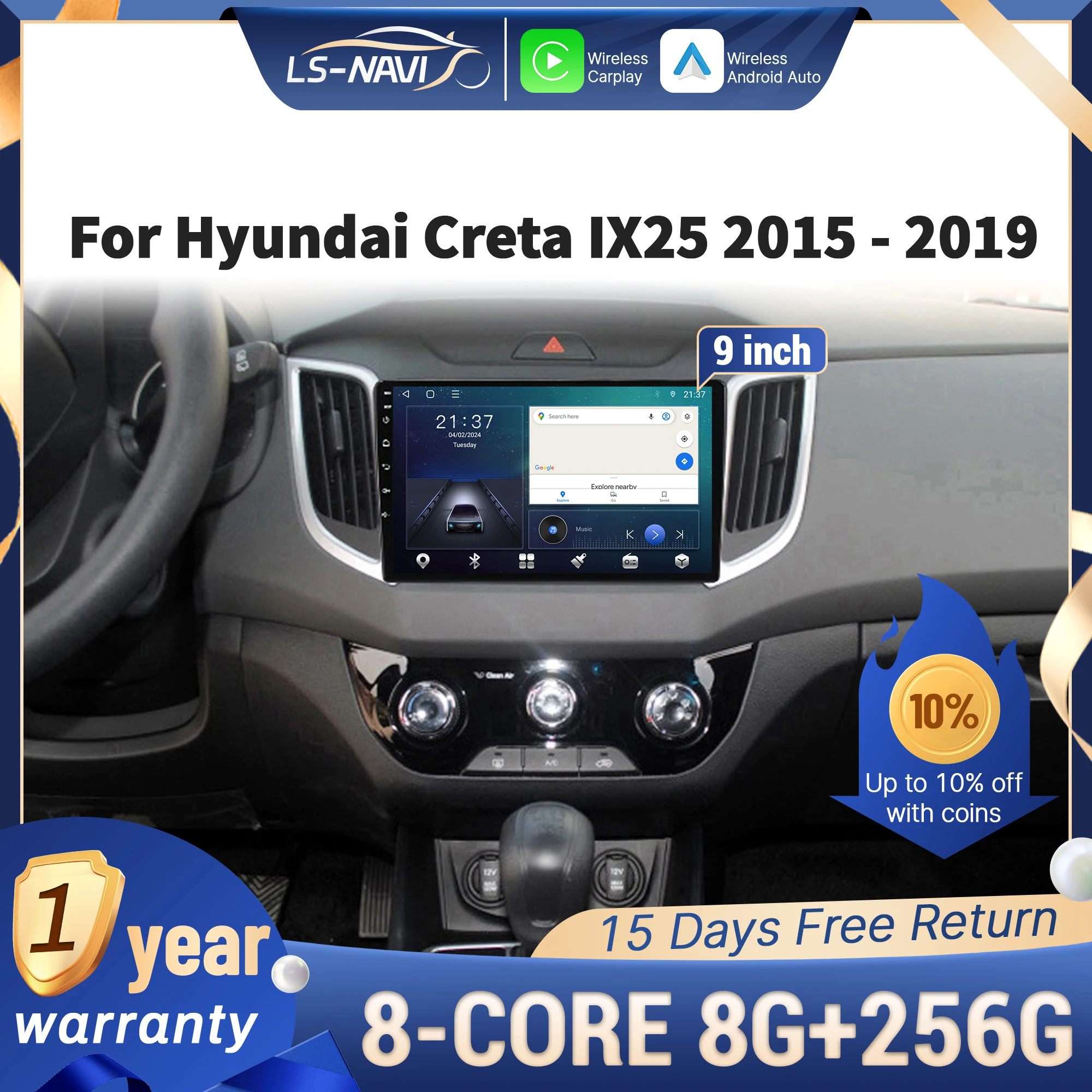 

Для Hyundai Creta IX25 2015-2019 автомобильный радиоприемник мультимедийная навигация GPS беспроводной CarPlay 4G сенсорный стерео экран