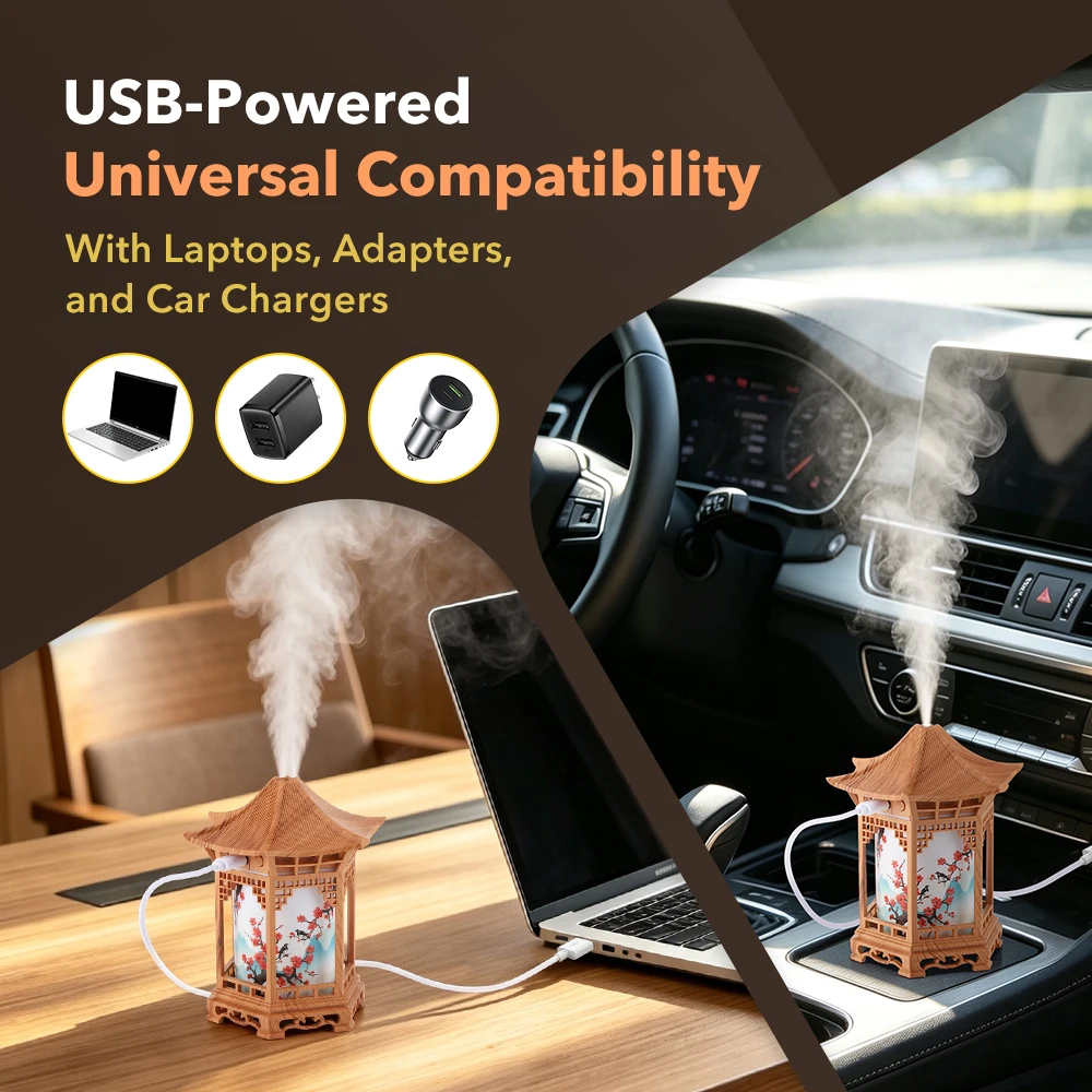 Chinese Style Element Pavilion Humidifier Night Light,Home Office Mist Humidifier USB Portable,Unique Creative Decorative Gift