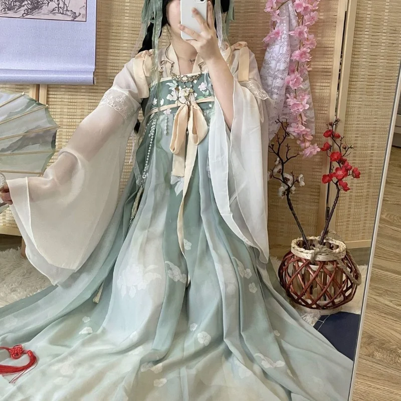 Gaun Hanfu putri tradisional Cina gaun pesta dansa Vintage wanita pakaian kuno peri Cosplay bordir renda