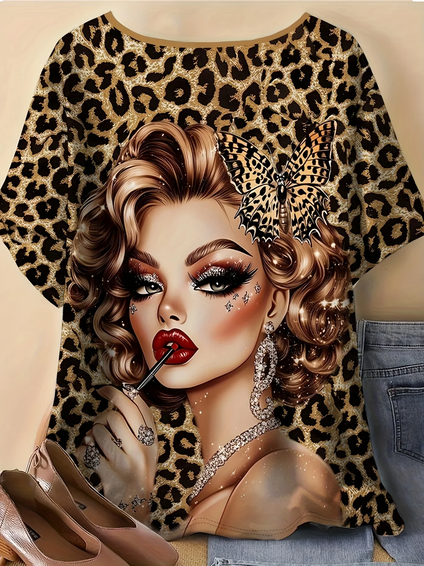 Women Crew Neck Short Sleeve T‑shirt Leopard Print Fashion Lady Portrait Butterfly Art Summer Casual Top
