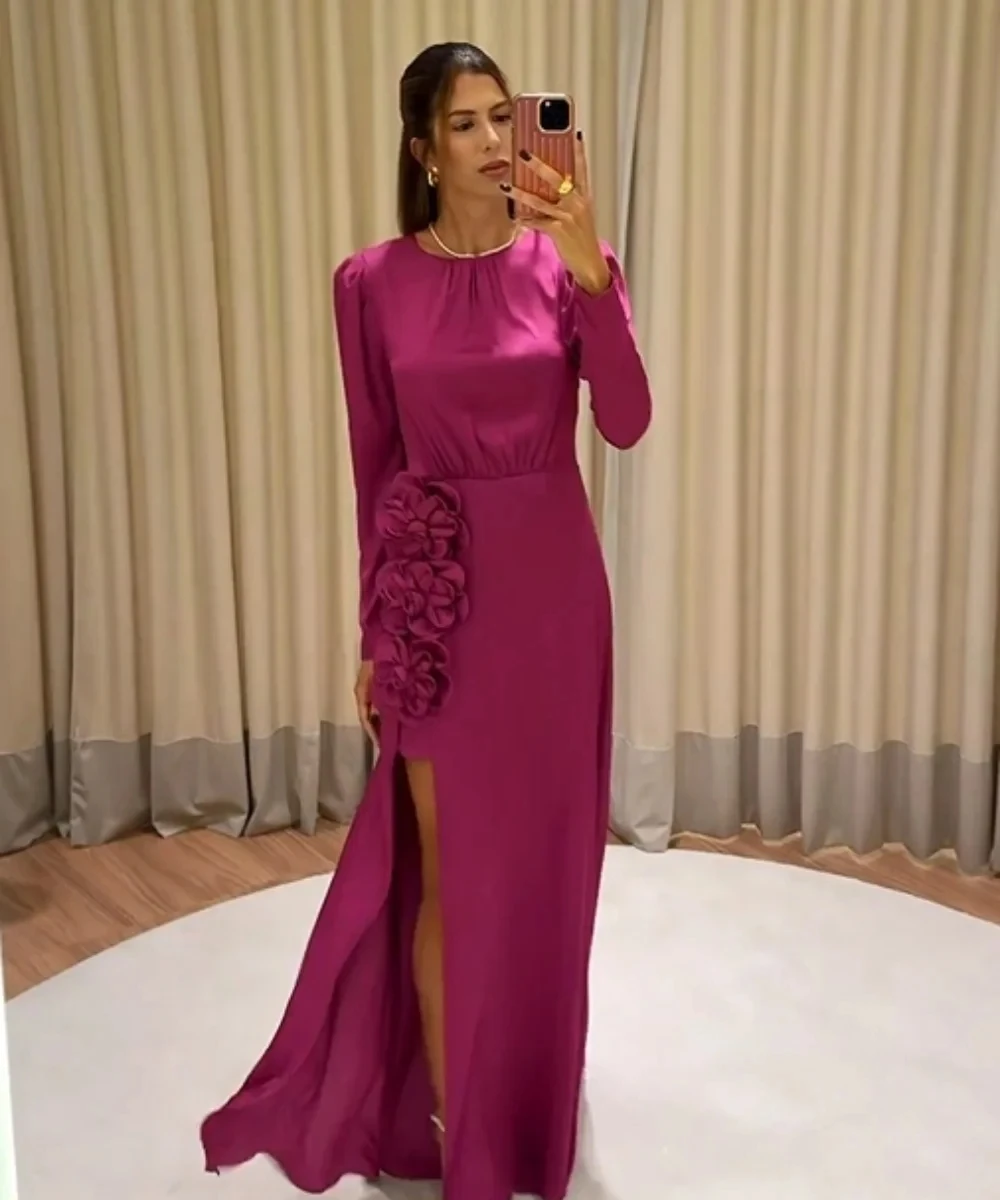 

Floral Slit Long Sleeves Bespoke Occasion Gown Evening Dresses Pastrol Unisex Jersey Retro Dubai Saudi Arabic Prom Customized