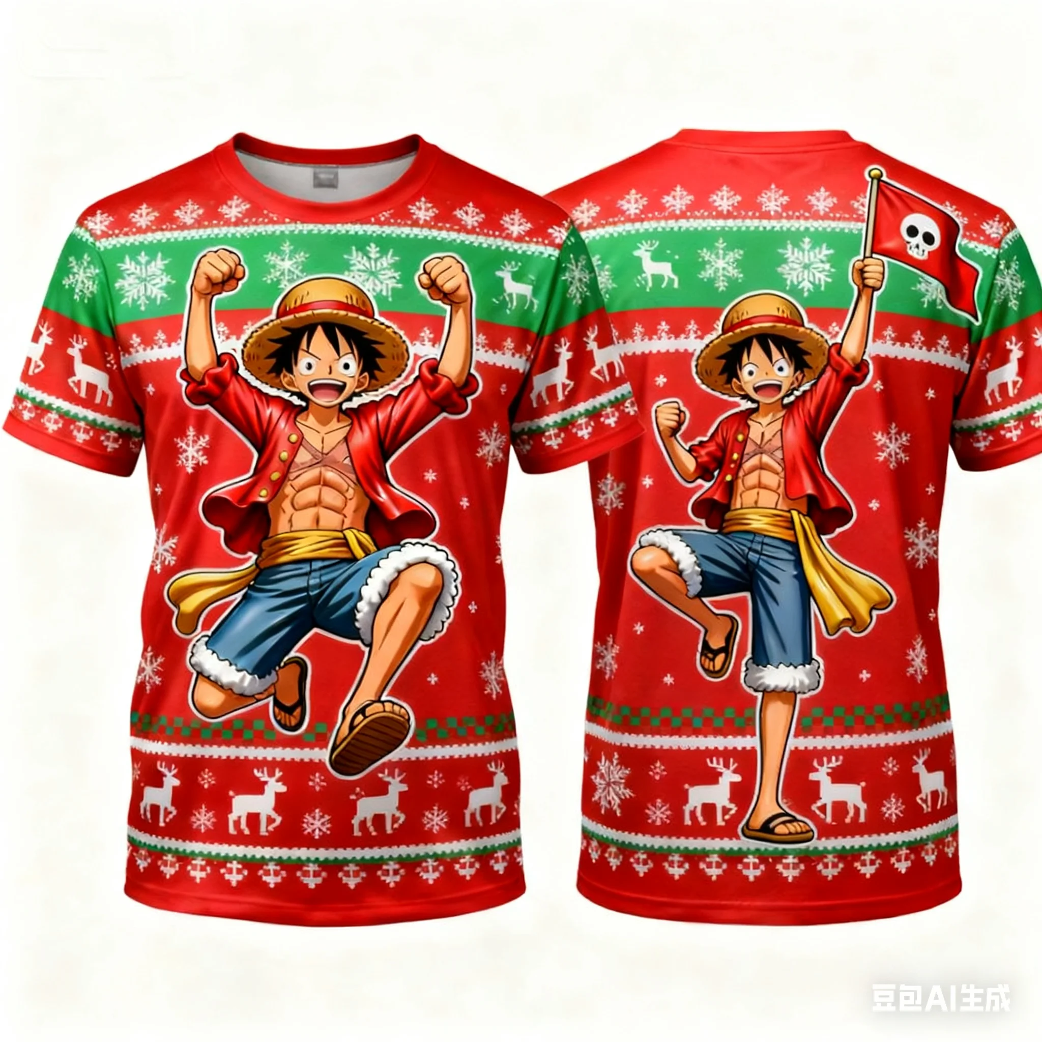 2025 قطعة واحدة لوفي عيد الميلاد طبعة خاصة تي شيرت لوفي الاطفال الكرتون تي شيرت الكبار الرجال/المرأة موضة عادية تي شيرت