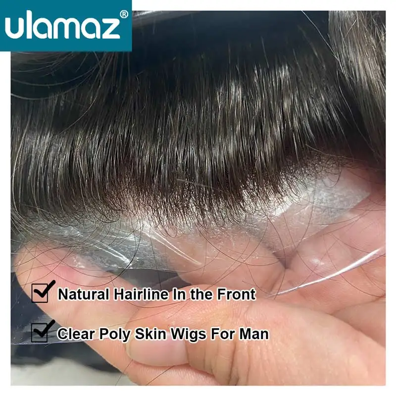 Undetectable Male Hair Prosthesis 0.04-0.06mm Thin Skin Toupees Clear Poly Hair System For Man Invisible Men's Wigs Human Hair