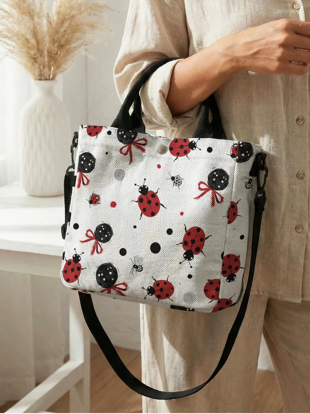 Cute Ladybug Bow Polka Dot Print Tote Bag Detachable Strap Crossbody Handbag For Women Daily Shopping view 3
