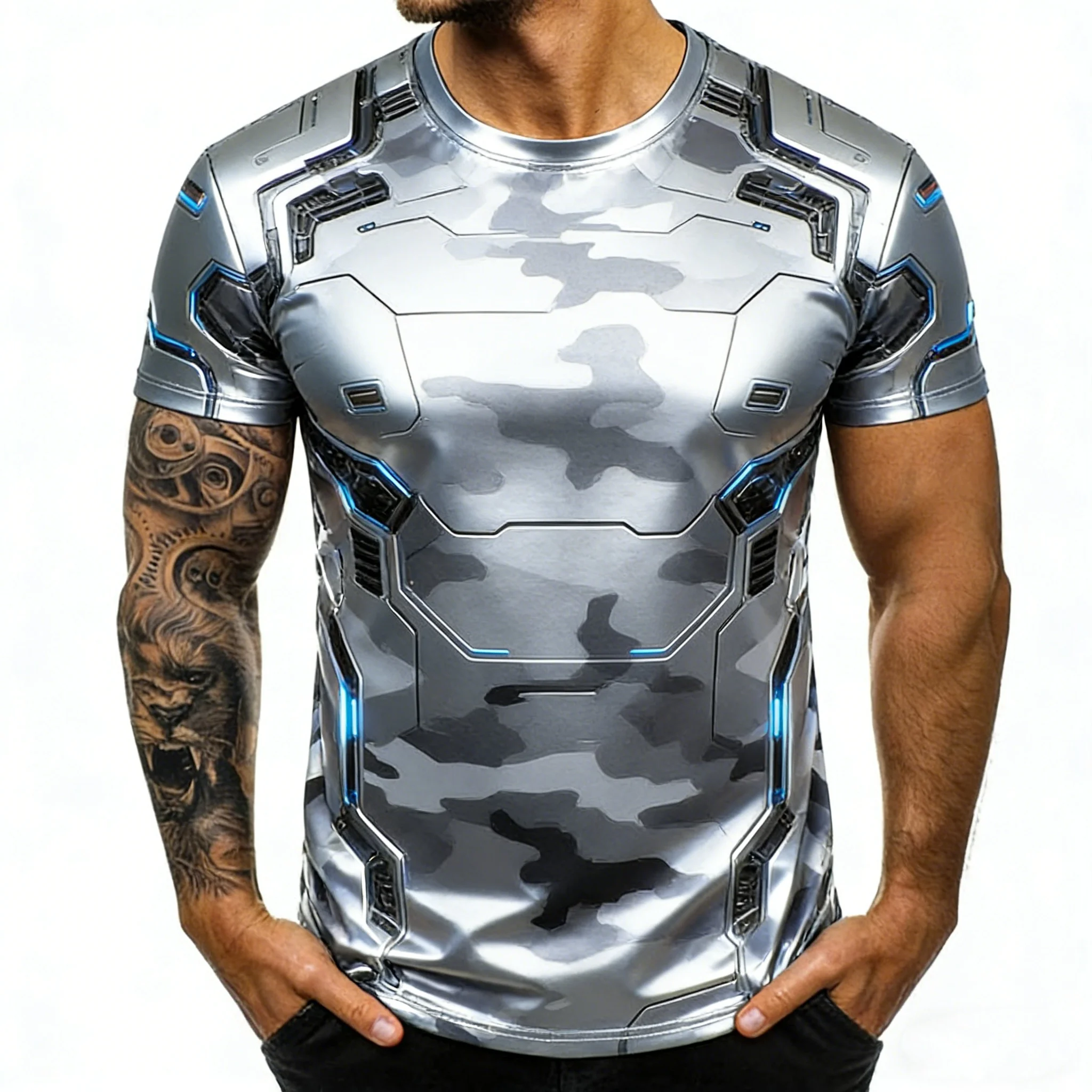 T-shirt Homme Cyberpunk Imprimé Armure 3D Camouflage Mécanique Manches Courtes – Haut Futuriste Sci-Fi Streetwear pour Gym et Fêtes