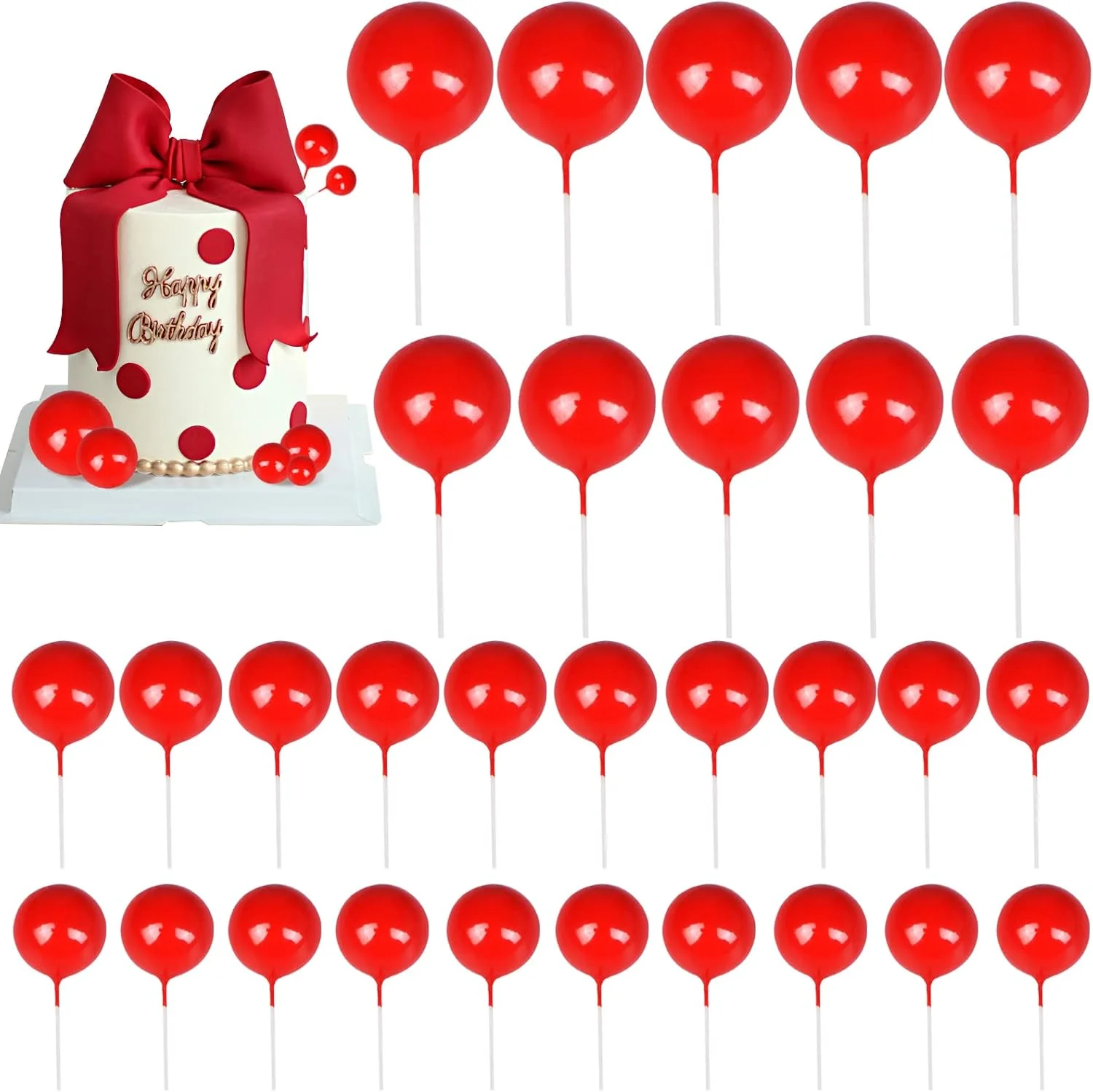 20pcs Red Cake Topper Balls 2-4cm Balls Cake topper for Birthday Cake Decoration Baby Shower Birthday Party Wedding Supplies