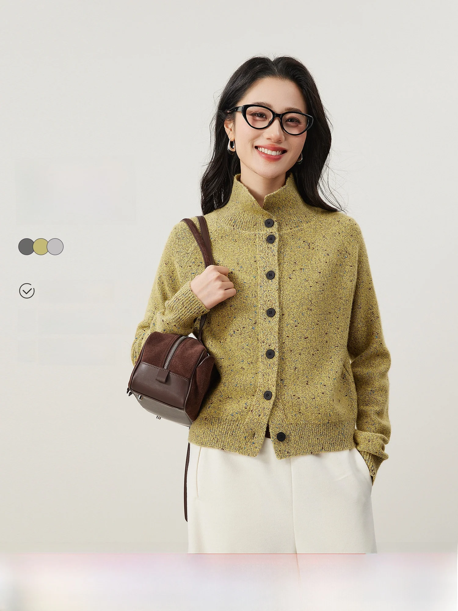 

High Quali Wool Knitted Cardigan Women's Vintage Sle Bean Color Yarn High Collar Sweater Winter New Arrival Soft Nylon Fa...