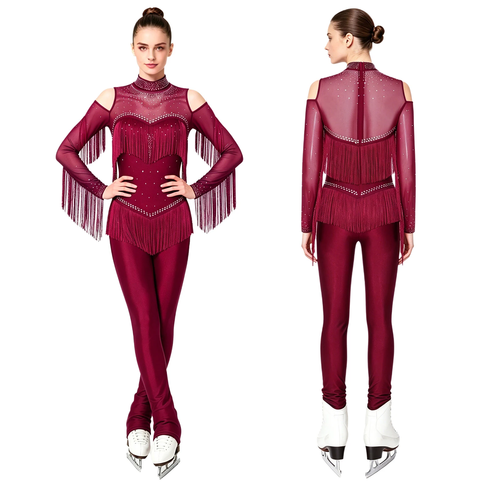 

Women Figure Skating Jumpsuit Long Sleeve Tassel Rhinestone Mesh Bodysuit for Ballet Gymnastics Acrobatics Latin Tango Cha-cha