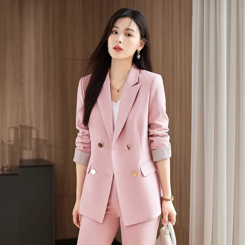 Roupa de negócios de alta qualidade feminina, roupas de trabalho glamourosas estilo deusa esteticista, terno rosa, novo, pequeno, outono e inverno