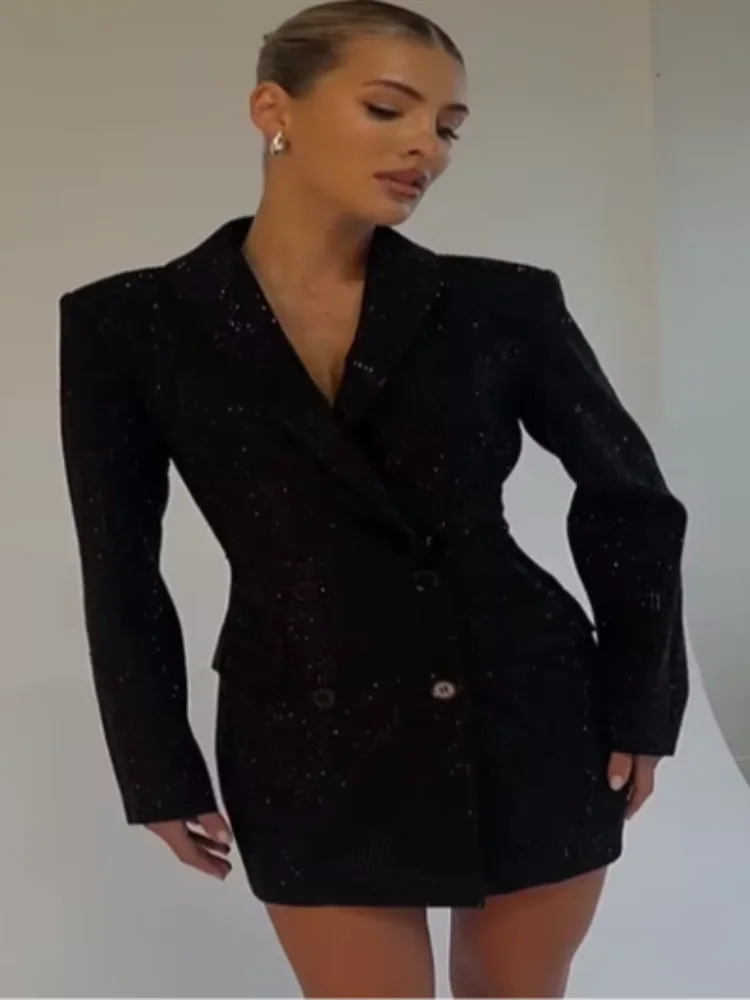 エレガントなスパンコール輝くブレザー風ラペルワンピース、シックなダブルブレスト、フルスリーブ、ポケット付きローブ、女性用、2026年春新作、パーティー、イブニングウェア