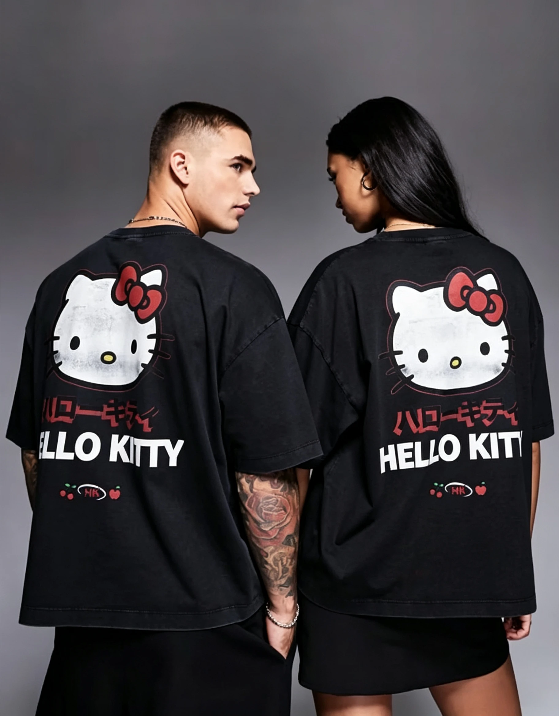 Men Loose Oversized T‑Shirt Hello Kitty Japanese Text Heart Cherry Back Graphic Print Black Short Sleeve Streetwear Tee