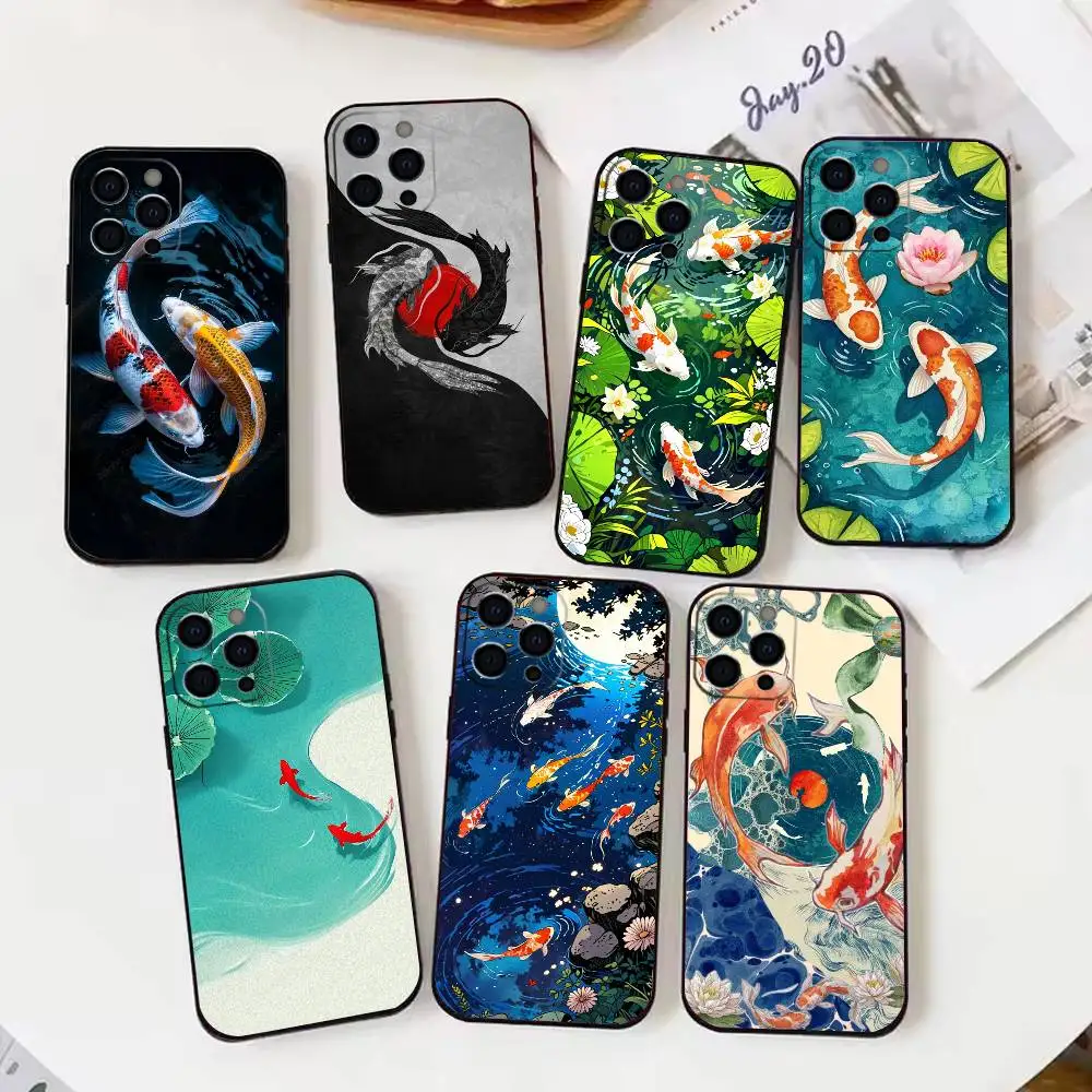 

japanese koi F-fish art Phone Case For iPhone 16,15,14,13,12,17,Pro Max,Plus Silicone Black Case