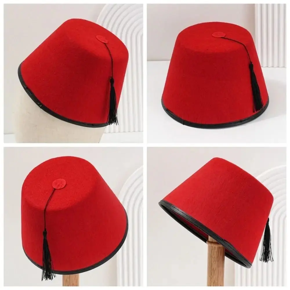 Traditional Felt Fez Cap Round Red Color Moroccan Hat Breathable Tarboosh Fez Hat Universal