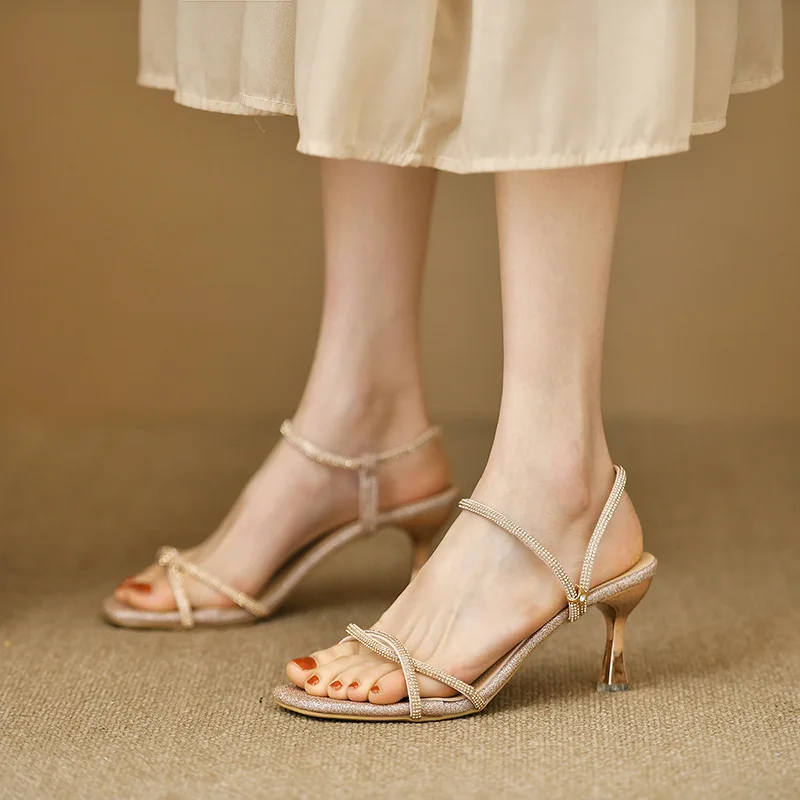 Luxury Thin Heel Sandals For Women Summer New Fashion Rhinestone One-Strap Roman Shoes