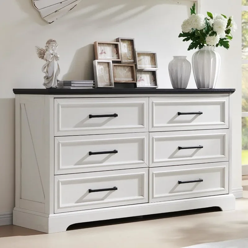 ACCOHOHO Farmhouse 6 Drawer Dresser for Bedroom, 52 Inch Wide Modern Dresser TV Stand with Large Drawers & Bar Handles, Rustic
