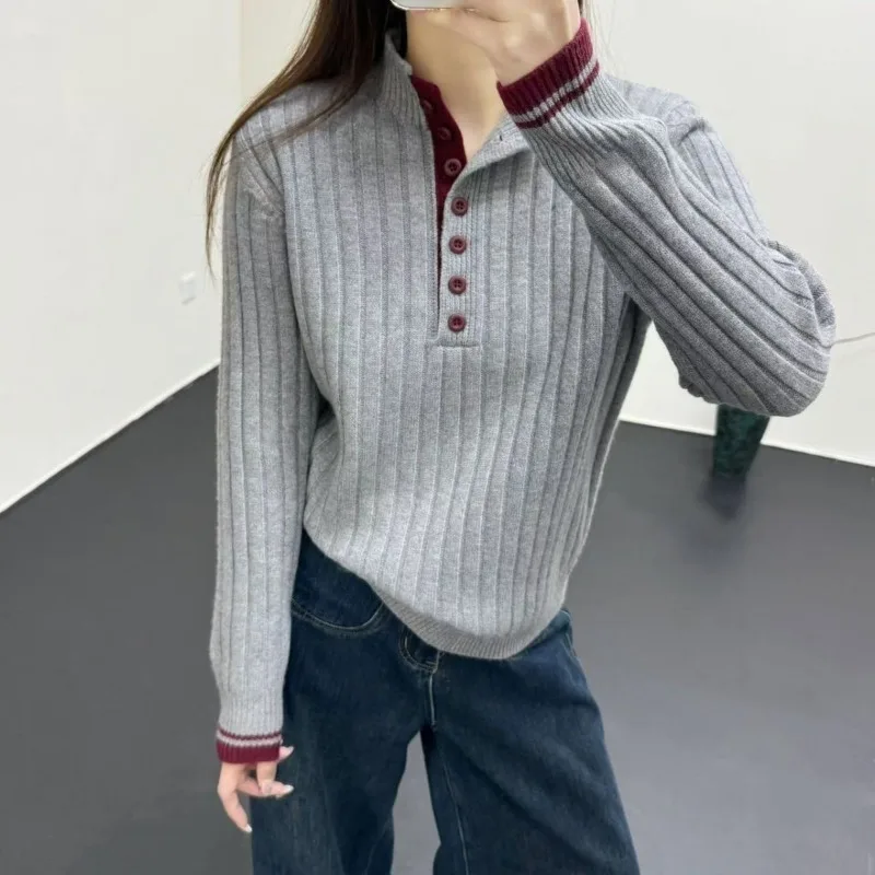 Pulôver feminino meio aberto cor bloqueada estilo ocidental camisola de malha cor contrastante versátil topo