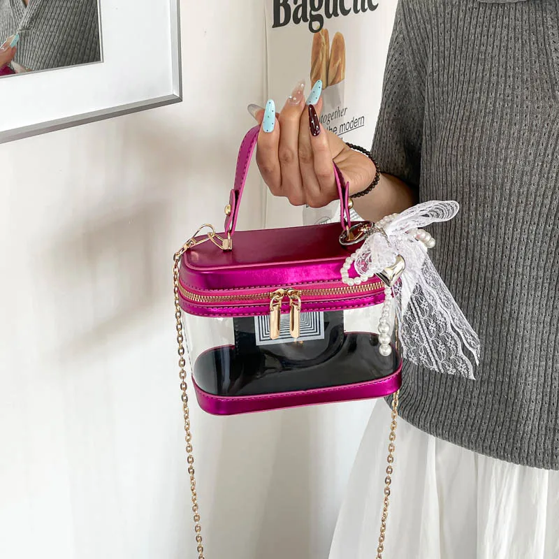 

Summer Box-shaped Jelly Pack with Flower Pendant Fashion Retro Transparent Shoulder Bag Waterproof Metal Chain Crossbody Bags